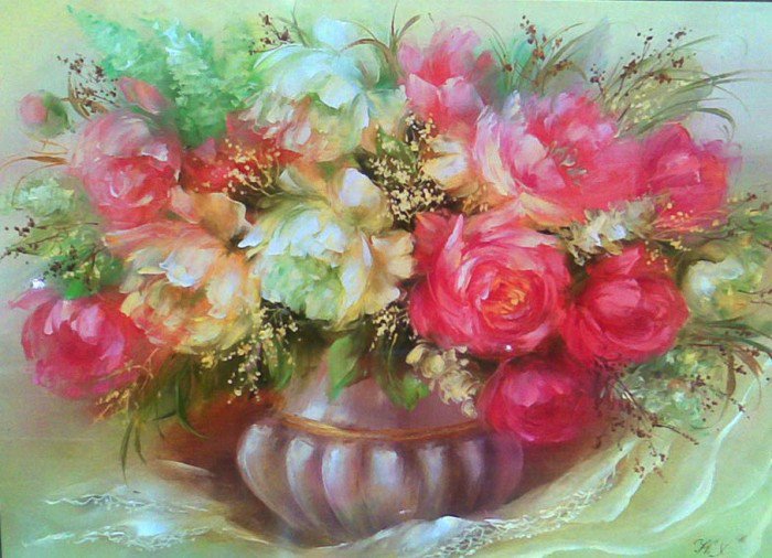 нежные пионы - цветы, букет, натюрморт, ваза, пионы, нежность, живопись - оригинал