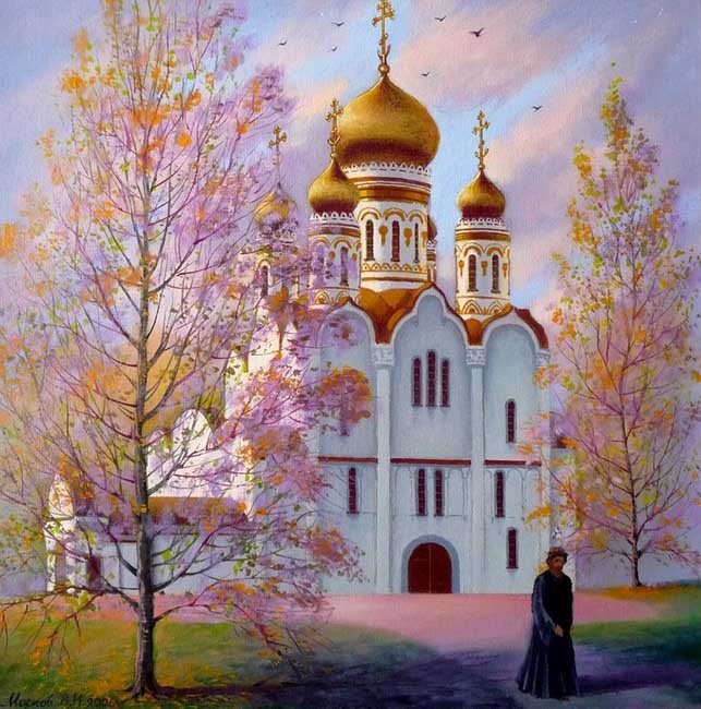 церковь - живопись, природа, осень, монах, церковь, пейзаж, храм - оригинал