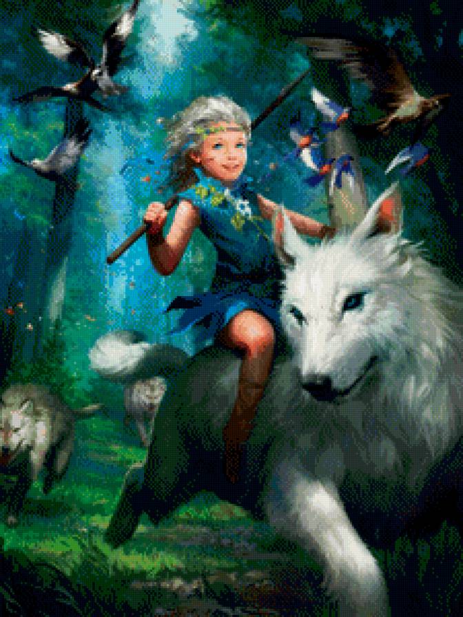 девочка на белом волке - фэнтези, детское, девочка, ребенок, лес, волк, сказка - предпросмотр