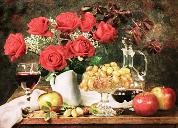 красное вино - цветы, картина, натюрморт, розы, пано - оригинал