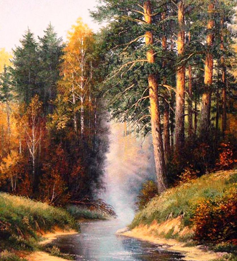 туман над ручьем - природа, лес, ручей, пейзаж - оригинал