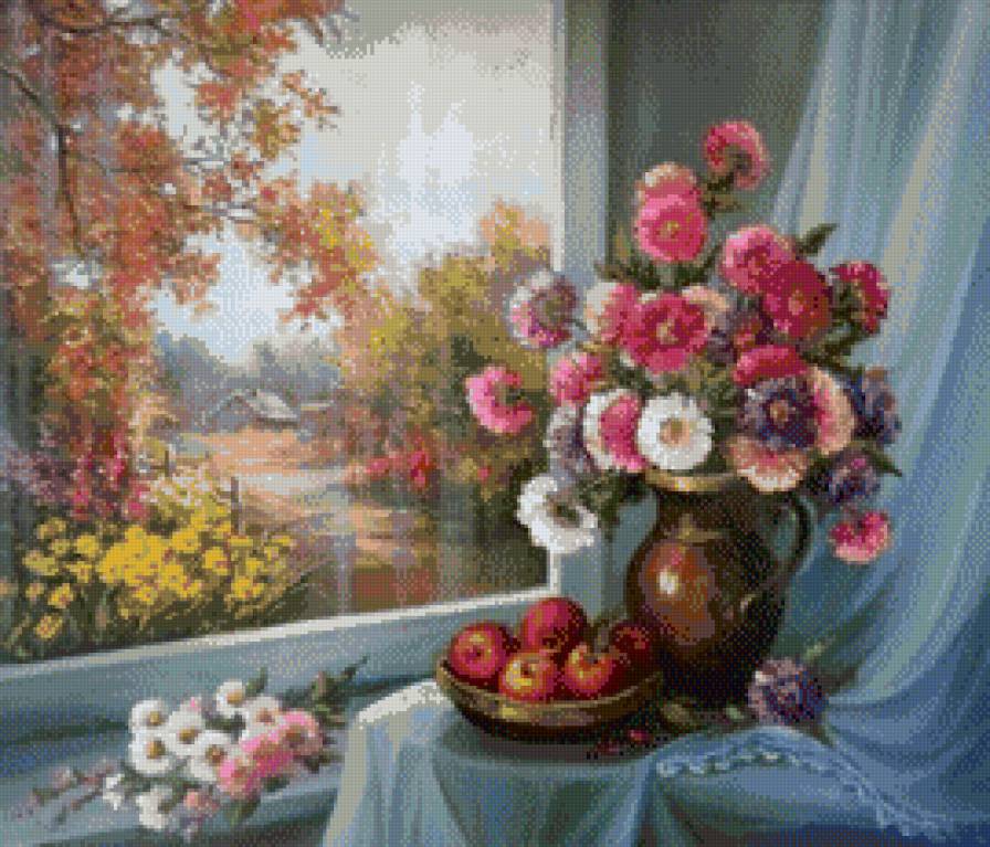 Jesienne astry - jesien, okno, pejzaz - предпросмотр