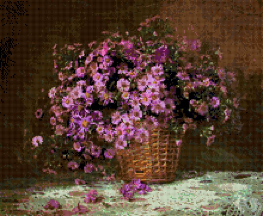 Букет в плетенной корзине - плетенная корзинка, цветы, корзина, сиреневый - предпросмотр