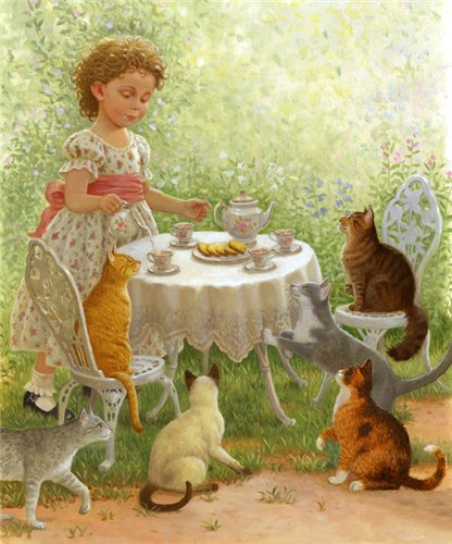 Кошачье чаепитие - чашка, лето, стол, котята, девочка, чай - оригинал