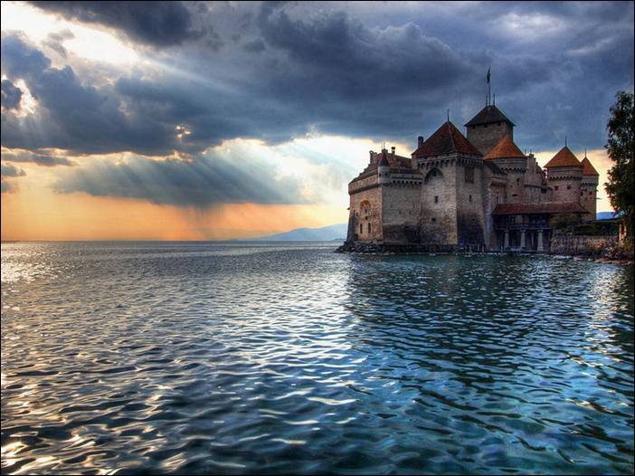 Шильонский замок Швейцария - швейцария, пейзаж, шильенский замок, замок, замок на воде - оригинал