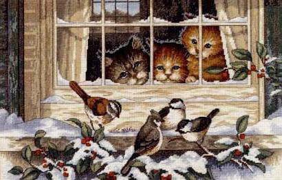 Наблюдатели - зима, окно, животные, коты, снег, птицы, воробьи, синички - оригинал