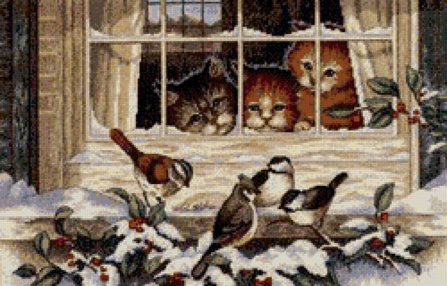 Наблюдатели - коты, синички, окно, зима, животные, воробьи, птицы, снег - предпросмотр