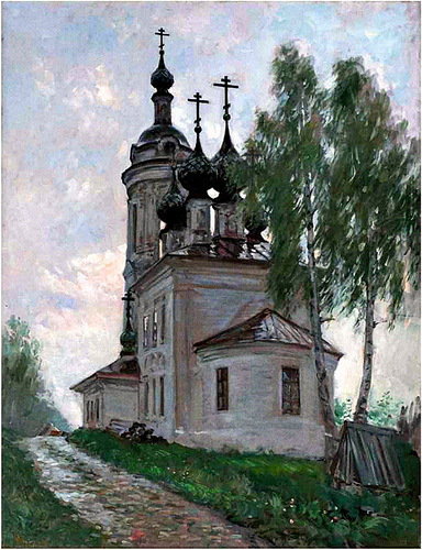 деревенская церковь - деревня, храм, пейзаж, березы, церковь, живопись, природа - оригинал