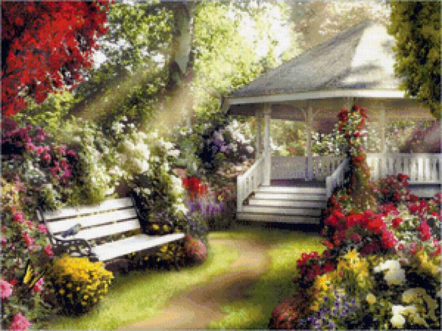 беседка в саду - пейзаж, лето, сад, беседка, краски, скамейка, живопись, природа - предпросмотр