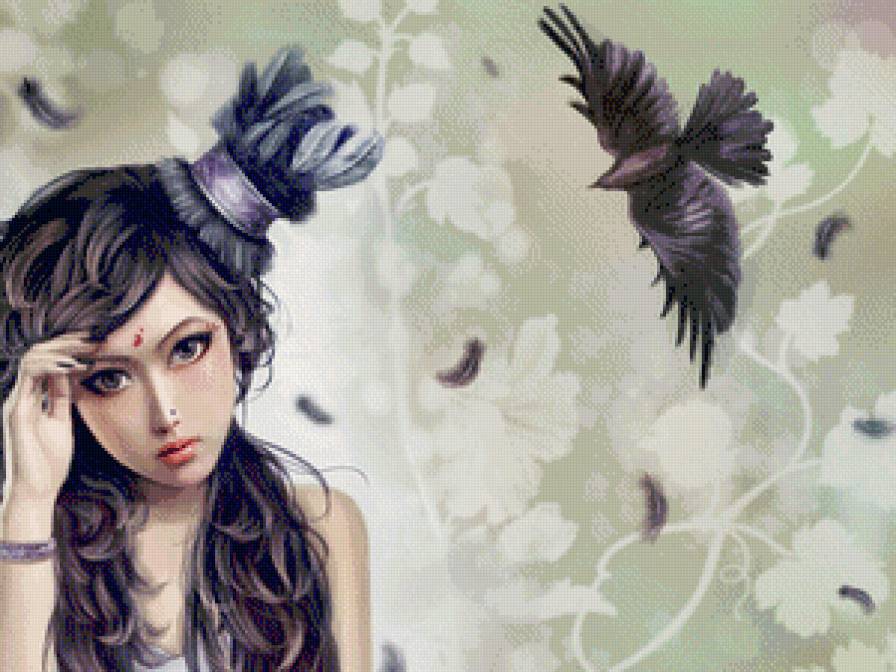 №642080 - птицы, ворон, шляпа, портрет, красота, девушка, фэнтези - предпросмотр