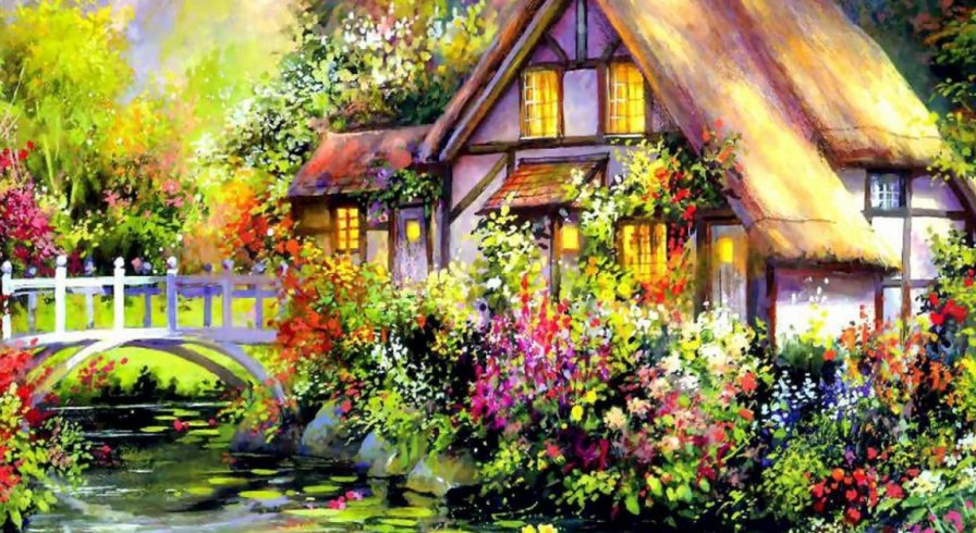 летний домик - дома, цветы, красота, природа - оригинал