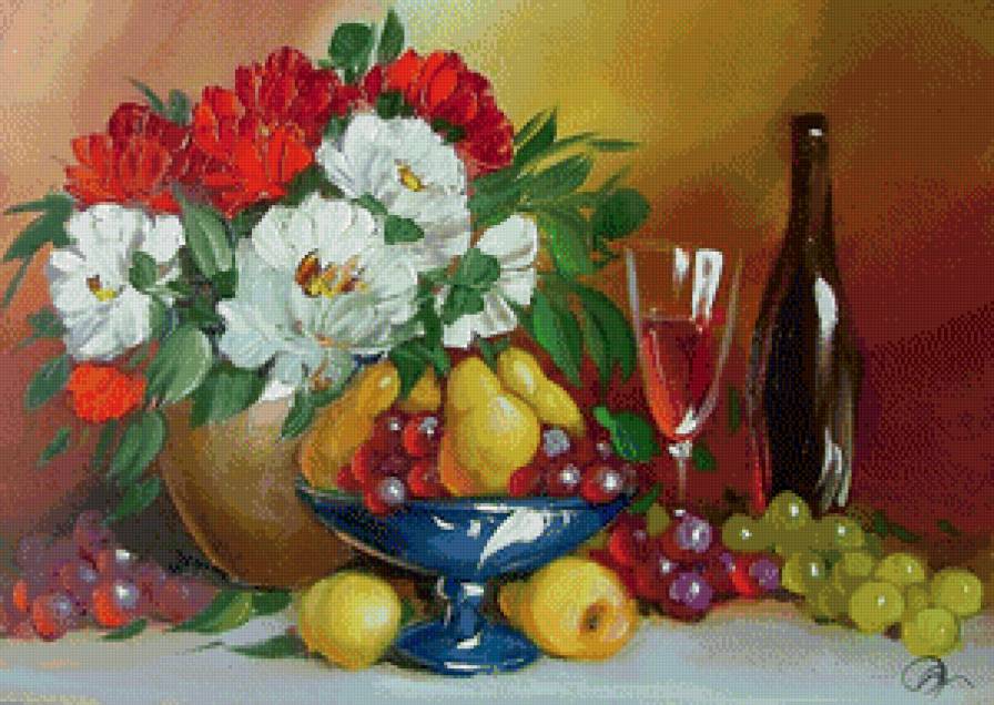натюрморт с цветами, фруктами и вином - фрукты, вино, кухня, виноград, ваза, натюрморт, живопись, цветы - предпросмотр