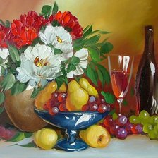 натюрморт с цветами, фруктами и вином
