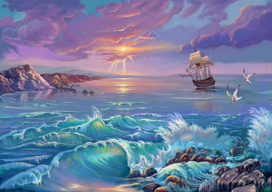 морской прибой - живопись, волны, корабль, чайки, пейзаж, природа, море - оригинал