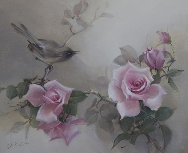 Нежность - розы, птицы, картина - оригинал
