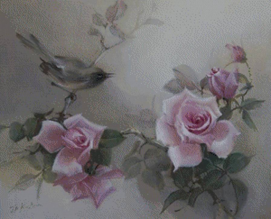 Нежность - розы, птицы, картина - предпросмотр