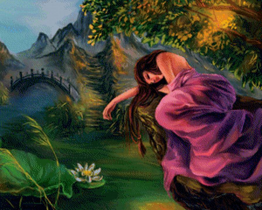 Девушка у реки - река, девушка, лотос, мост, пейзаж - предпросмотр