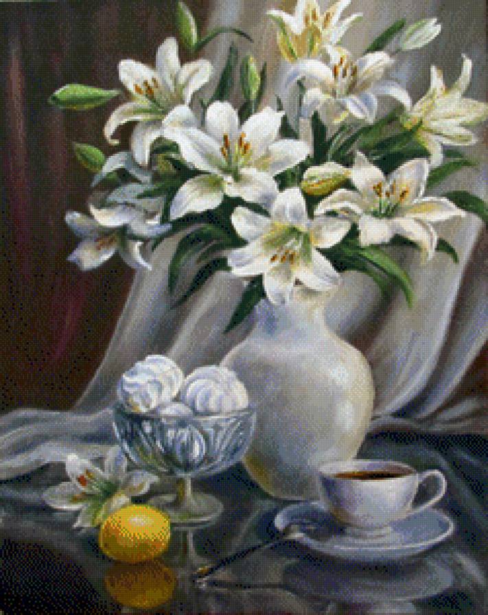 белые лилии с зефиром - натюрморт - предпросмотр