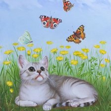 Оригинал схемы вышивки «кот и бабочки» (№643503)