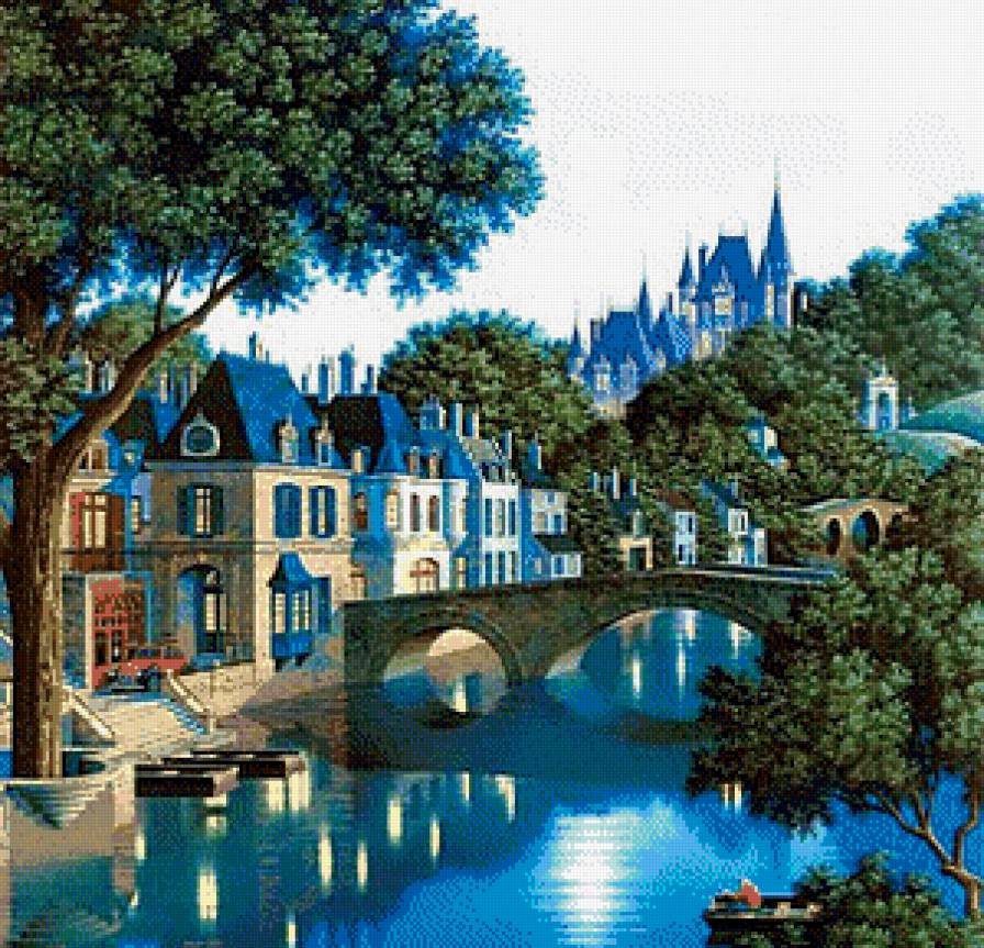 Сказочный город - река, пейзаж, дома, мост, город - предпросмотр