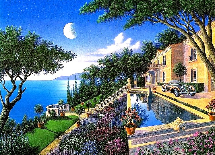 Южная ночь - ночь, замок, луна, пейзаж, море - оригинал