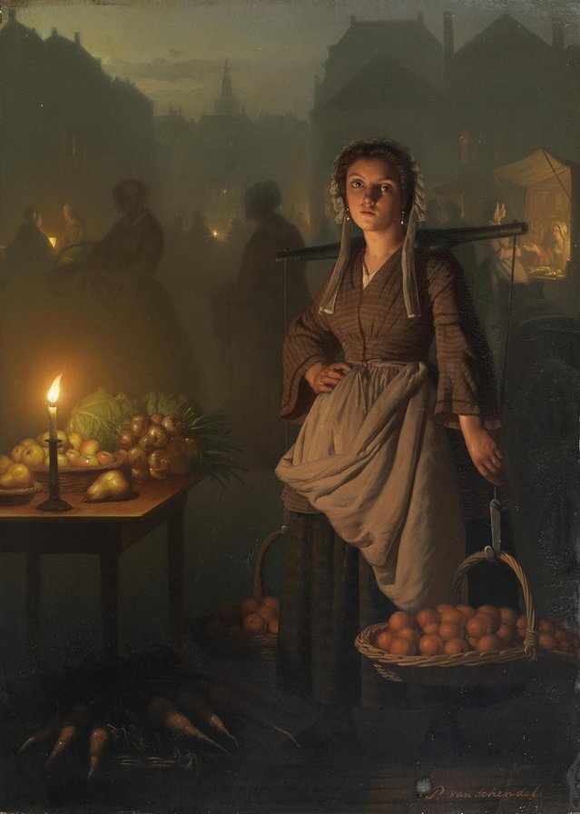 Market by Candlelight - petrus van schendel, картина, искусство - оригинал