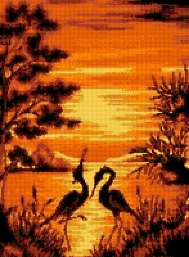 журавли на закате - природа, птицы, закат, журавли - предпросмотр