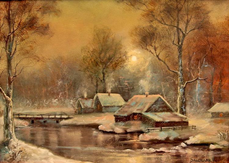 зима - дома, вода, деревья, природа - оригинал