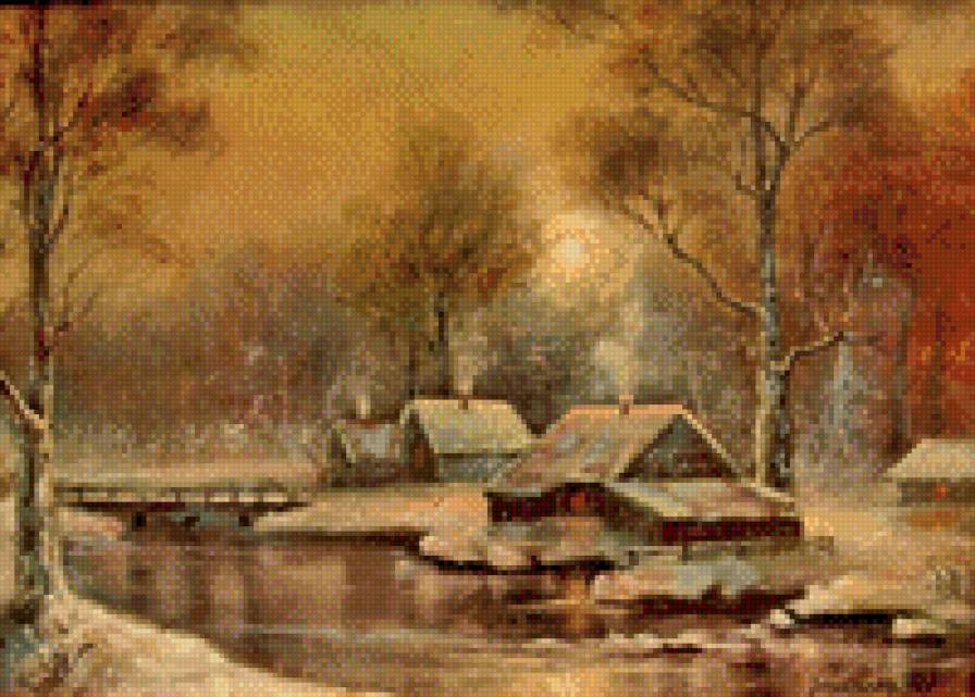 зима - дома, вода, деревья, природа - предпросмотр