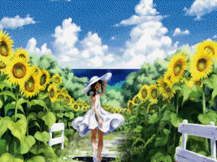 №644623 - шляпа, природа, море, аниме, подсолнухи, девушка - предпросмотр