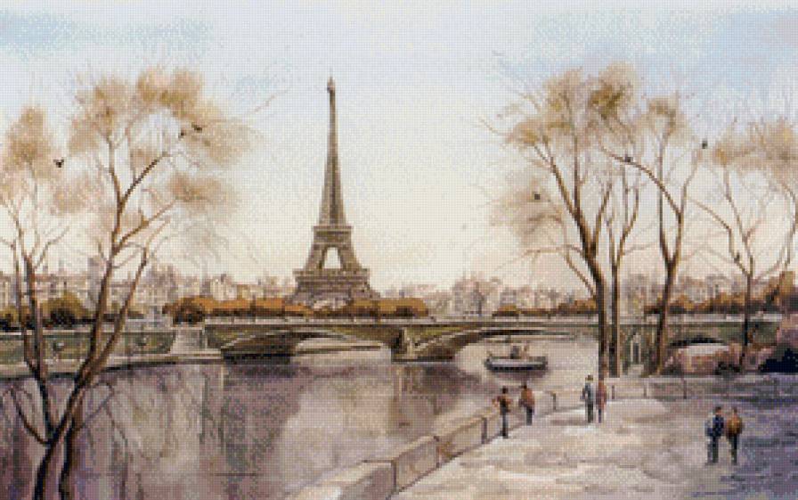 №644643 - пейзаж, картина, мост, эйфелева башня, река, город, париж, природа - предпросмотр