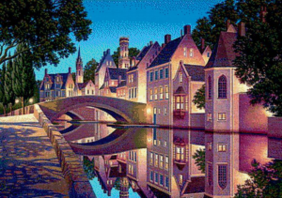 Сиреневый вечер - мост, пейзаж, дворец, набережная, замок, вечер, река - предпросмотр