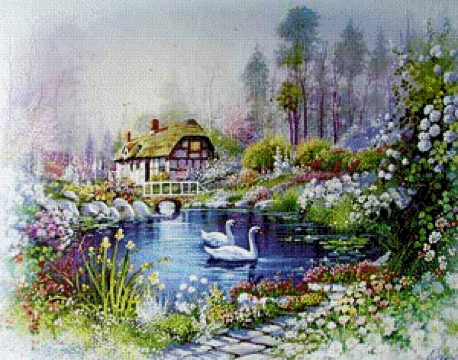 лебеди в сказочном пруду - картина - предпросмотр