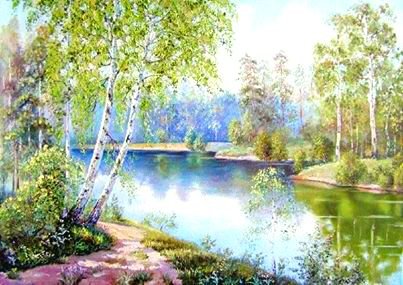 березы над прудом - пейзаж - оригинал