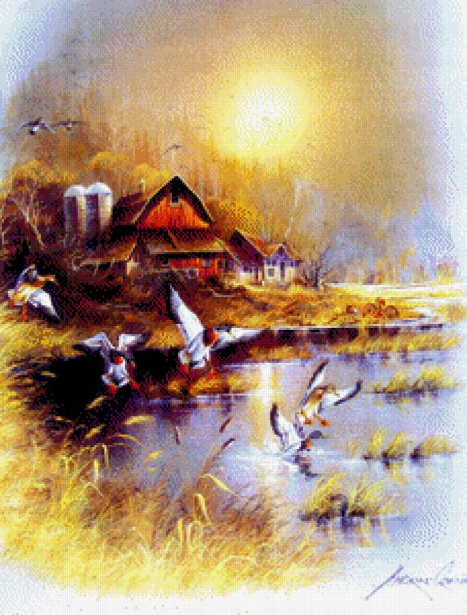 летят утки - пейзаж, птицы, картина - предпросмотр