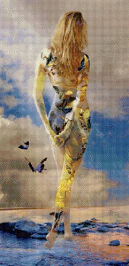 девушка с бабочками - девушка, картина, бабочки, женщина - предпросмотр