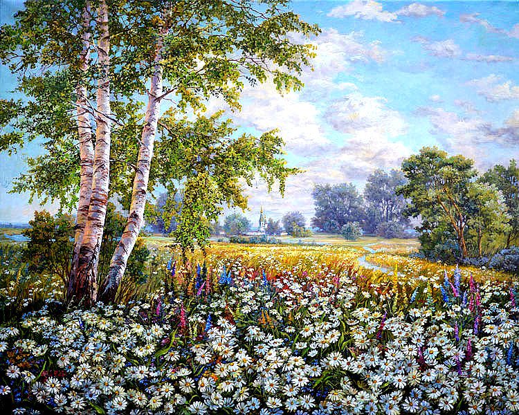 Русское поле - поле, пейзаж, цветы, березки - оригинал