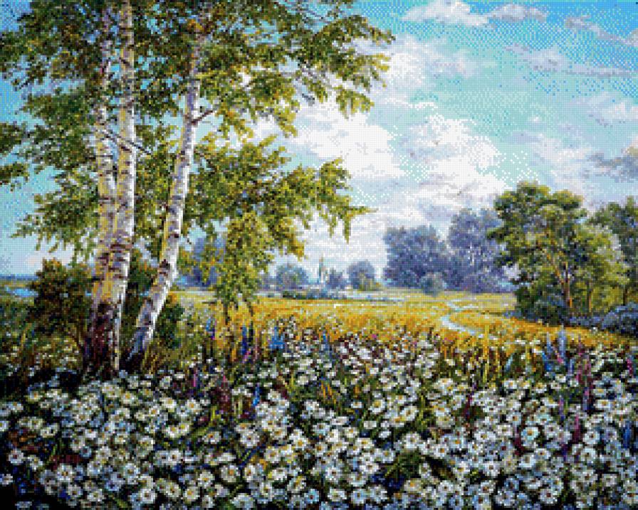 Русское поле - цветы, пейзаж, березки, поле - предпросмотр