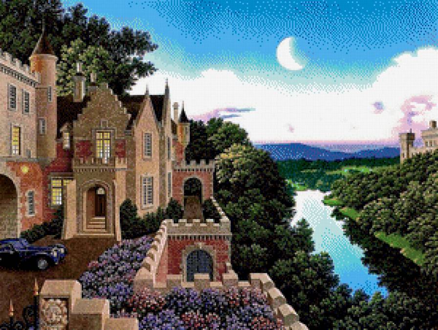 Старый замок - цветы, вид, река, пейзаж, замок, луна, ночь - предпросмотр