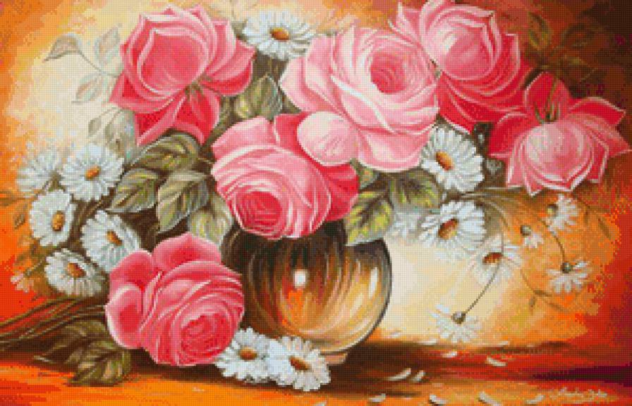 розы и ромашки - картина цветы - предпросмотр