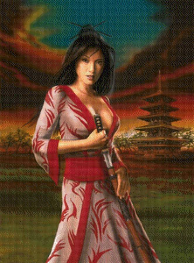 девушка-самурай - самурай, пагода, пейзаж, япония, азия.восток, девушка - предпросмотр