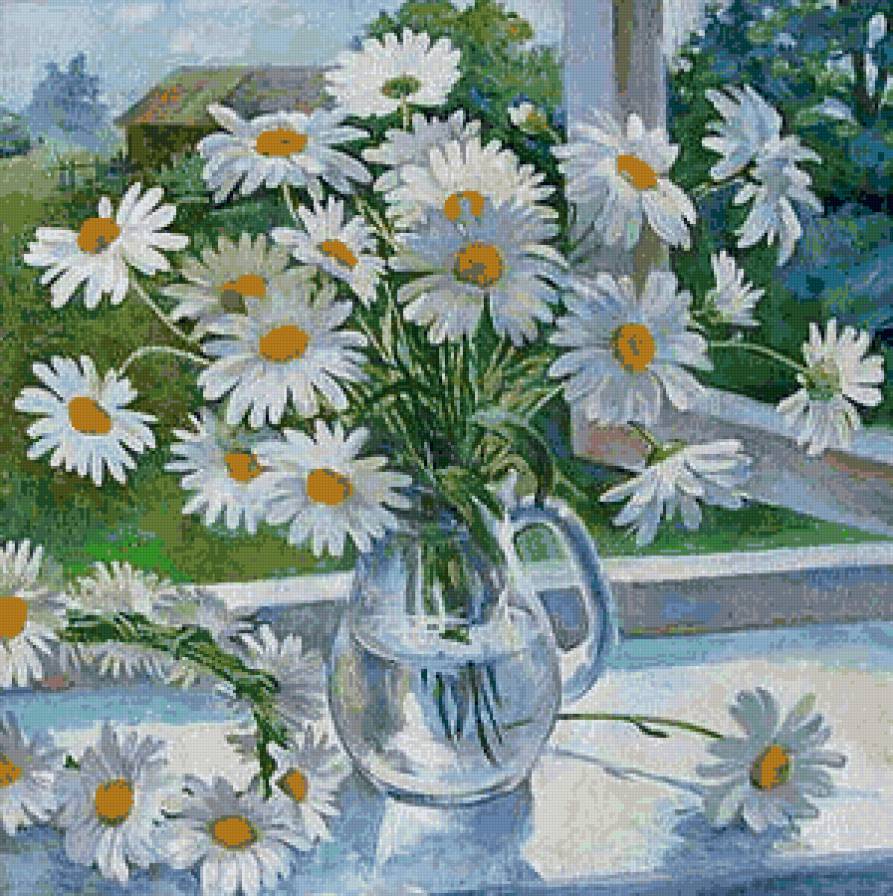 ромашки - цветы, букет, ромашки, на окне - предпросмотр