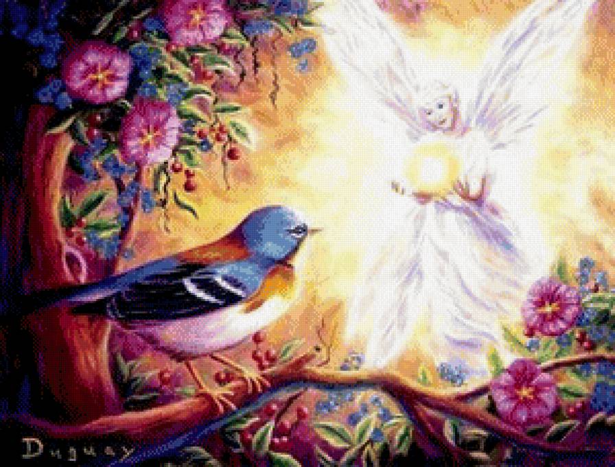 райское место - весна, птица, цветок, рай, ветка, эльф - предпросмотр