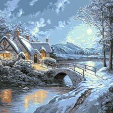 Схема вышивки «Зимний дом и мостик»