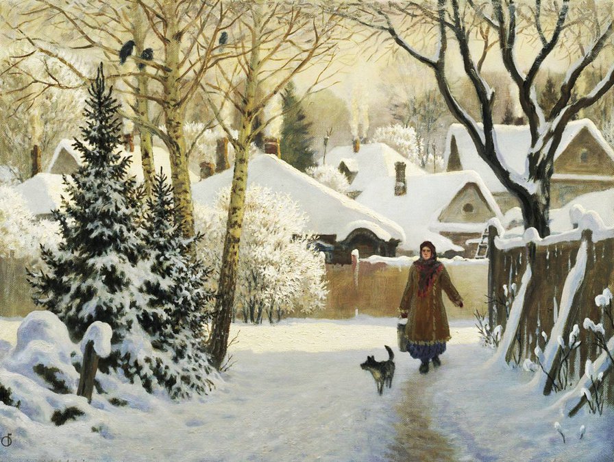 деревенская улица - деревня, собака, пейзаж, домики, зима, снег, человек - оригинал