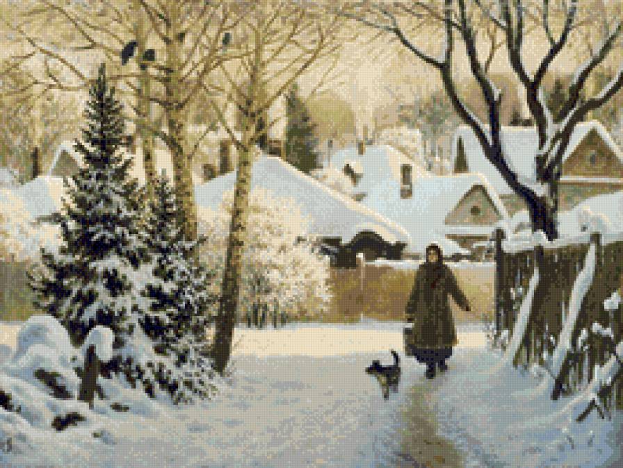 деревенская улица - зима, собака, человек, снег, деревня, пейзаж, домики - предпросмотр