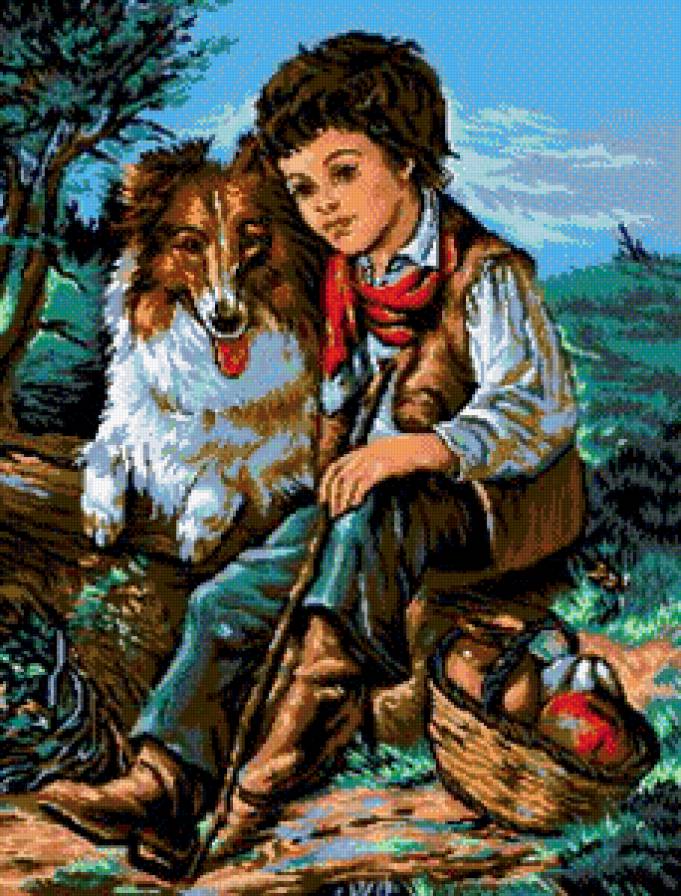 Картина верный. Вышивка мальчик с собакой. Картина мальчик с собакой вышитая. Вышивка крестом мальчик с щенком. Картина верные друзья.