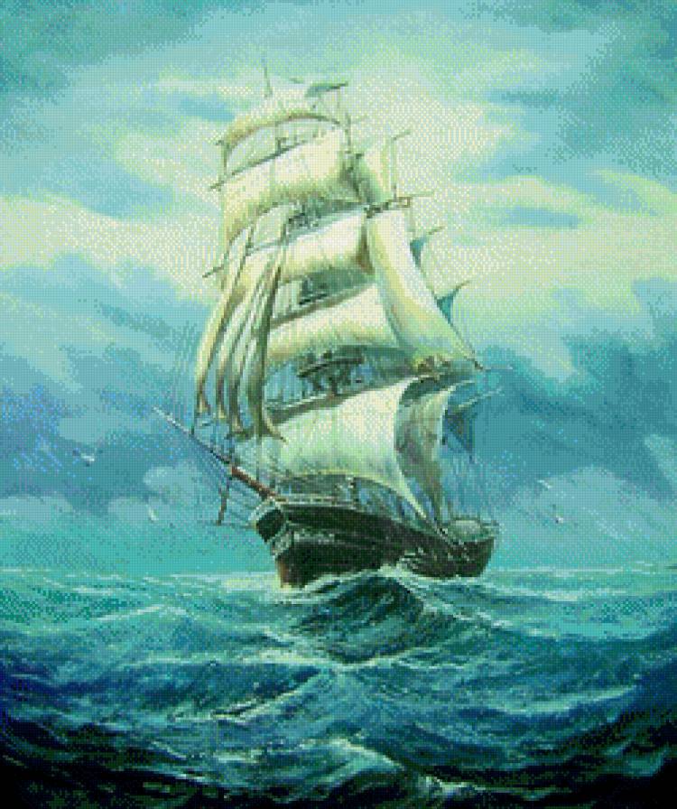 парусник - море, корабль, природа, пейзаж, живопись, волны, чайки - предпросмотр