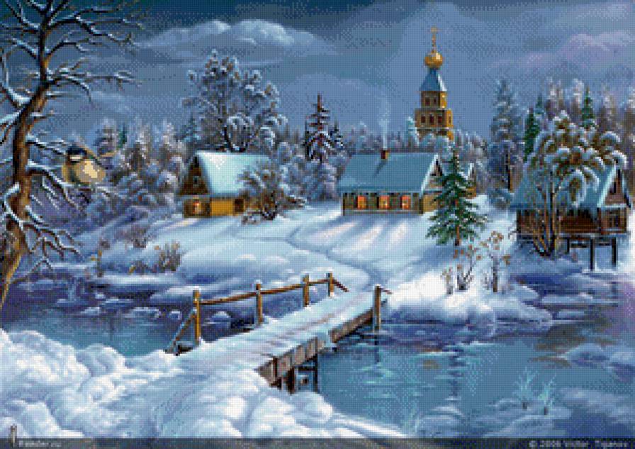 зимний вечер - пейзаж, вечер, мост, деревня, природа, зима, село, живопись - предпросмотр