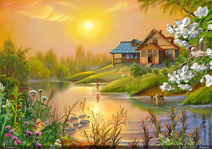 домик у реки - закат, домик, пейзаж, вечер, река, живопись, природа - оригинал